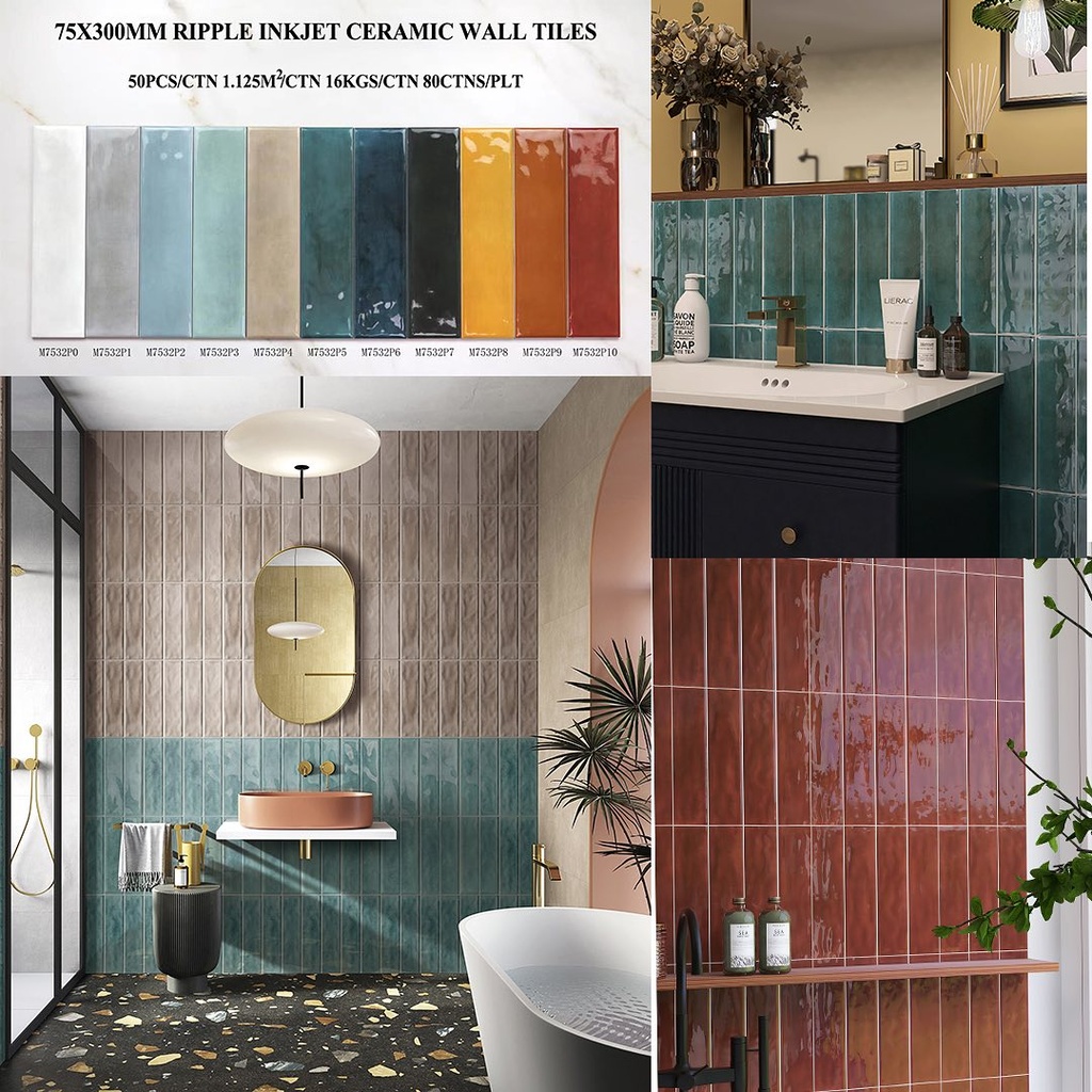 Gạch thẻ xanh đậm lượn mặt KT 75x300mm mã 7532P5