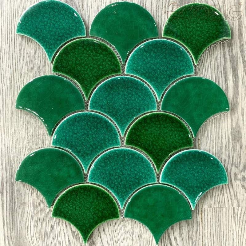 Mosaic vảy cá mix màu xanh men rạn EMIX070821